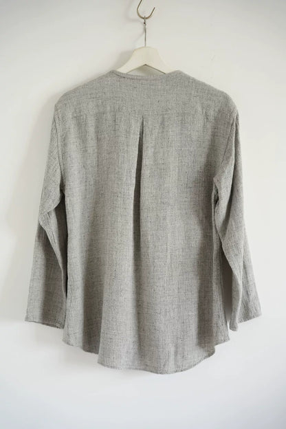 gray linen button-up shirt by Yuta Matsuoka