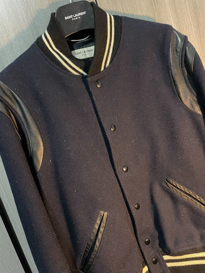 Saint Laurent Navy Leather Sleeves Varsity Jacket