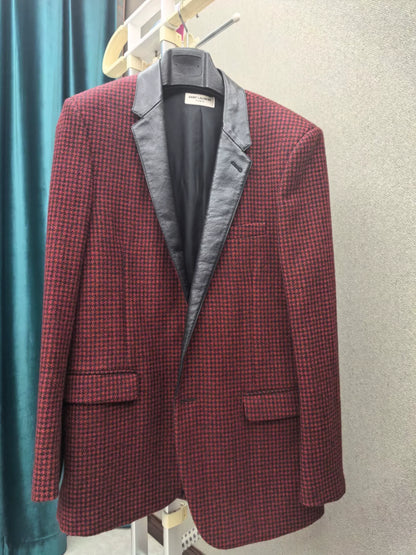 Saint Laurent Houndstooth Leather Collar Blazer
