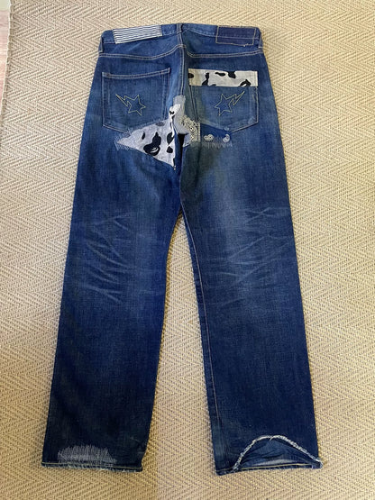 bape type2 damage denim pants with patches