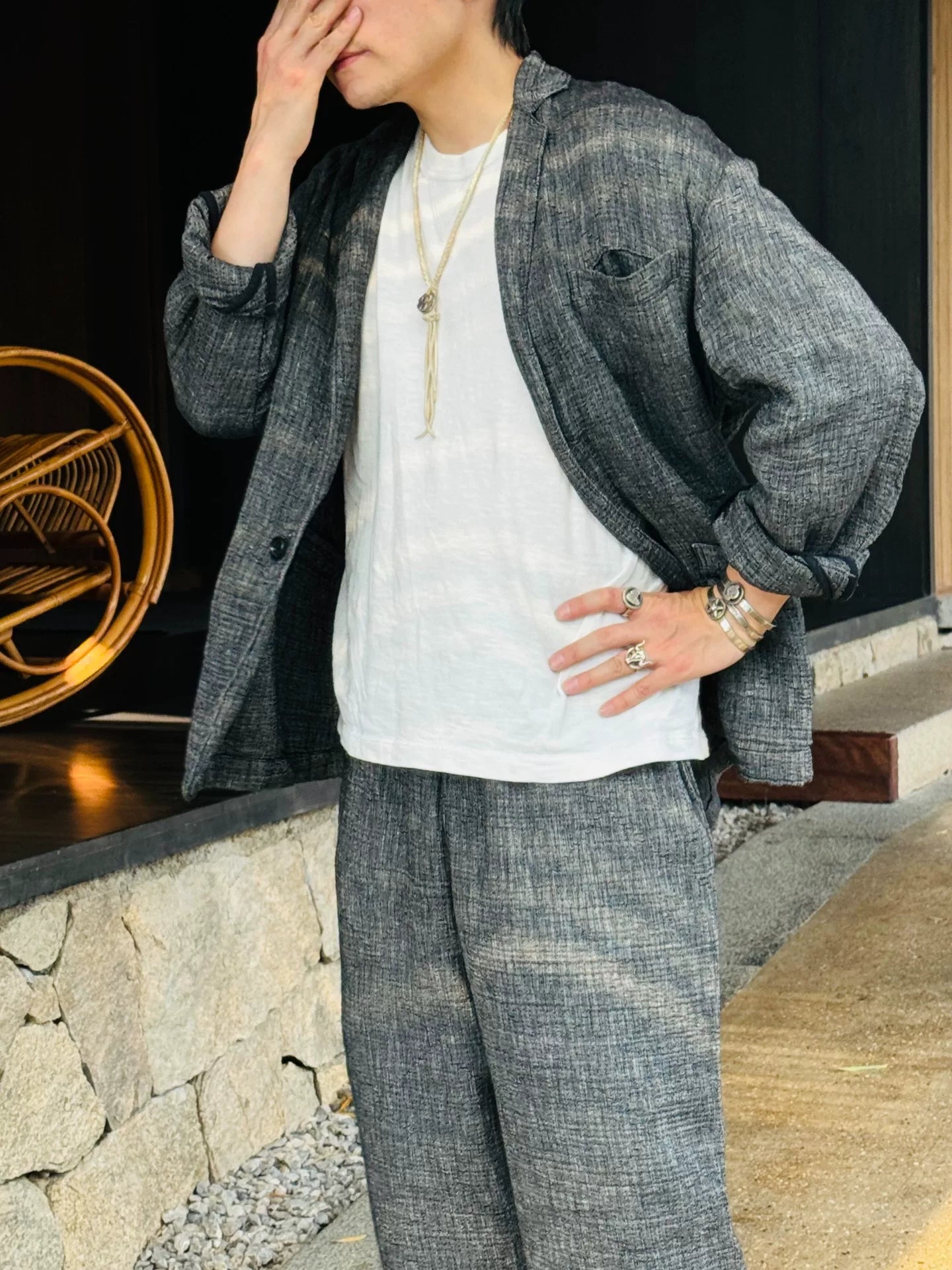 gray sashiko wide suit and pants set