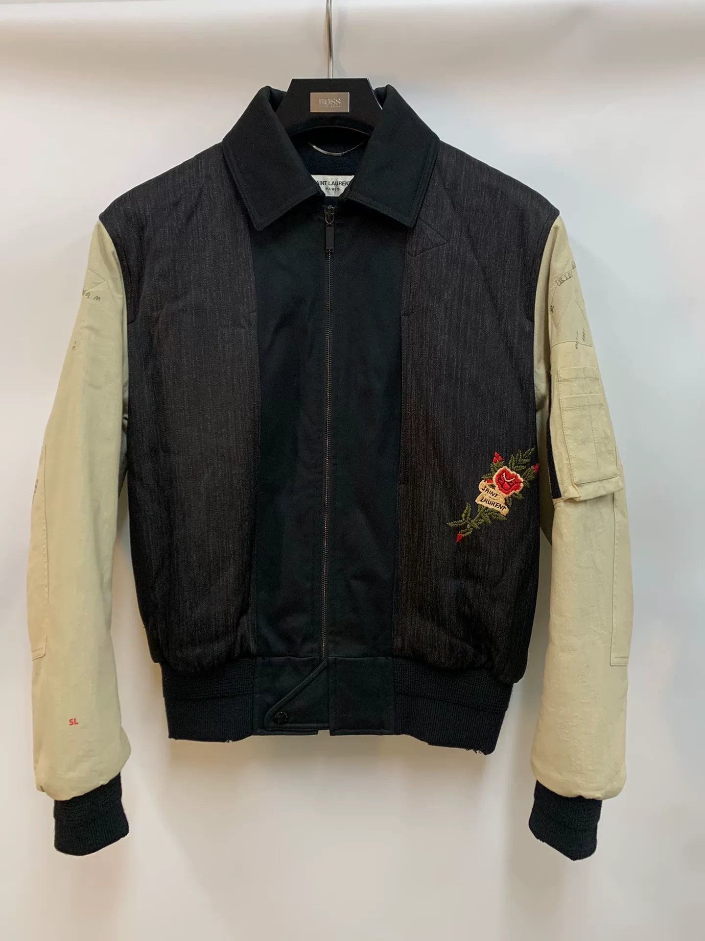 Saint Laurent Black Beige Rose Embroidery Jacket