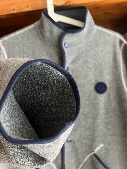 stylish gray fleece jacket with blue accents