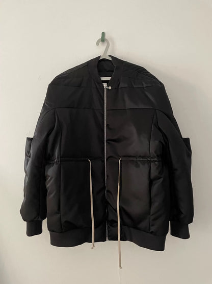 oversized black puffer jacket with waist tie