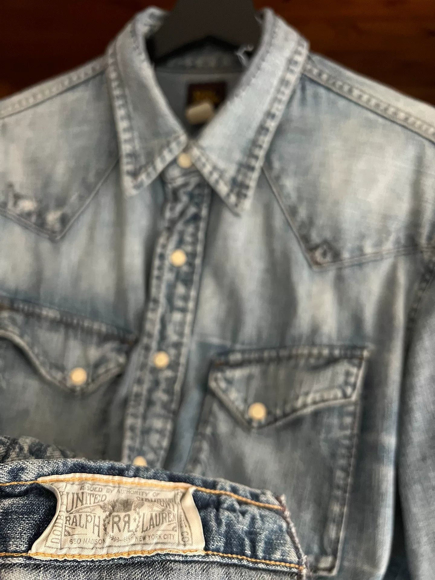 rrl distressed denim long sleeve shirt