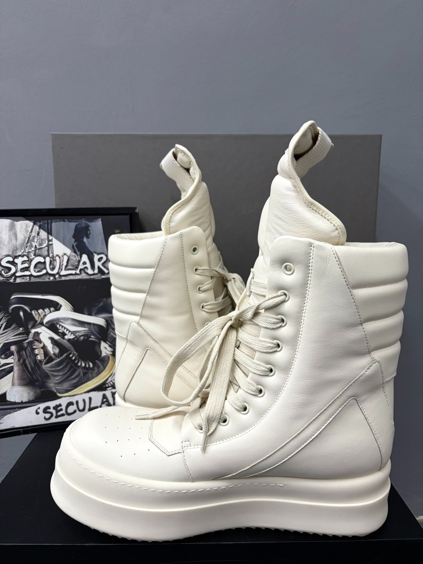 Rick Owens Mega Show Milk White Geobasket Boots