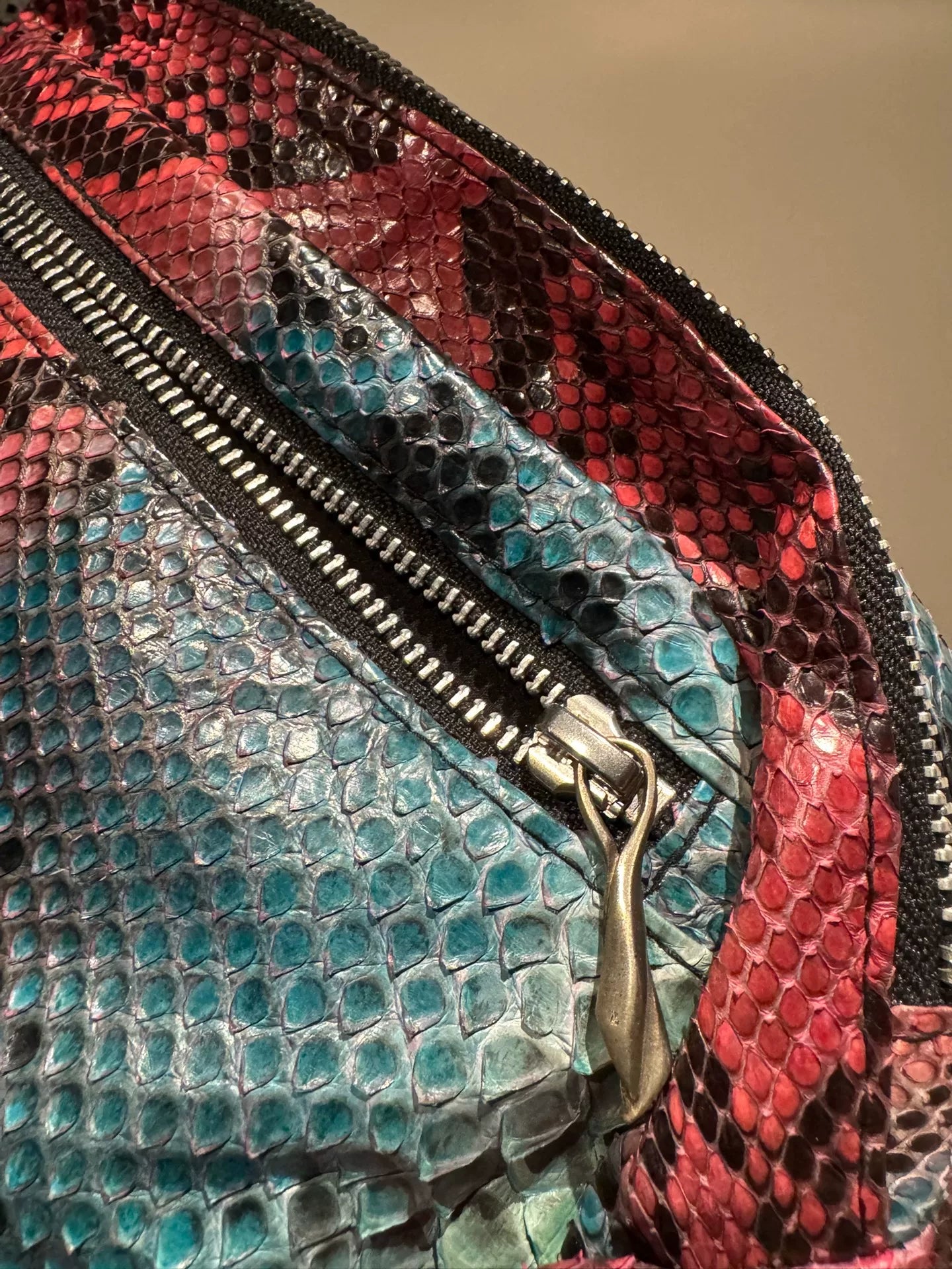 python leather waist bag with vivid print