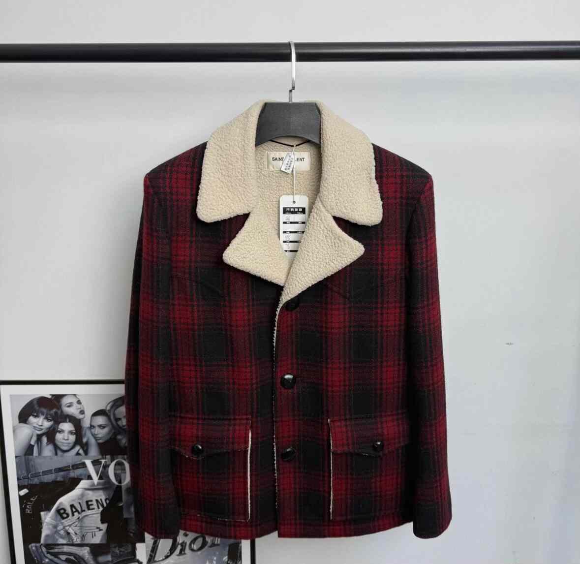 Saint Laurent Plaid Shearling Collar Coat