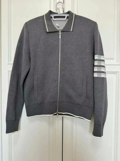 thom browne gray zip-up knitted cardigan