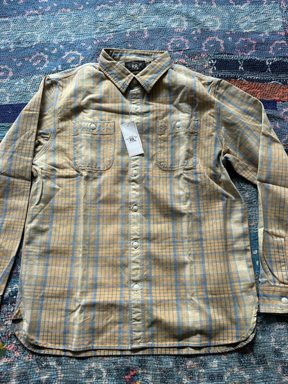 rrl striped work shirt in size large