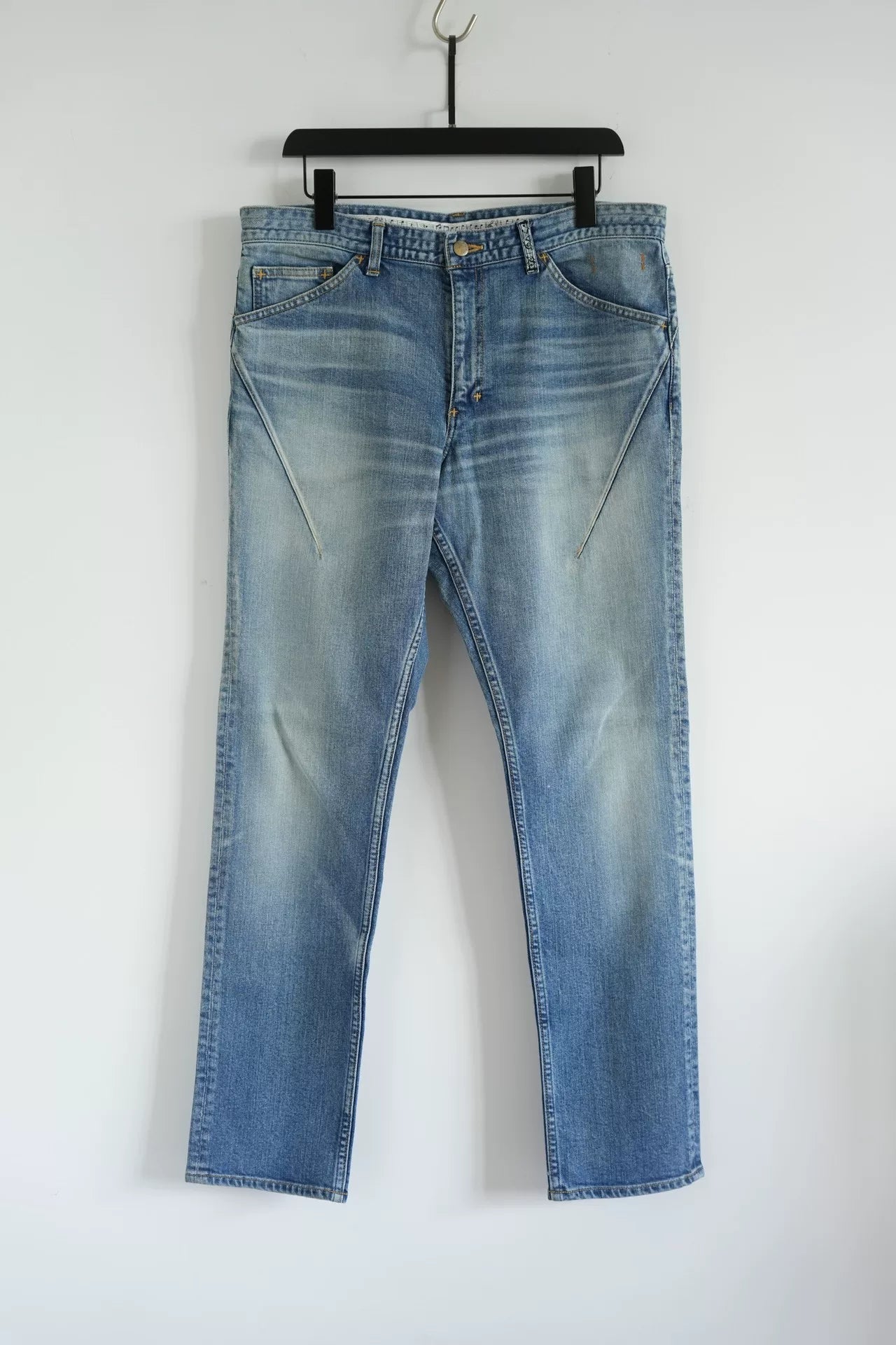 washed denim pants with musical print