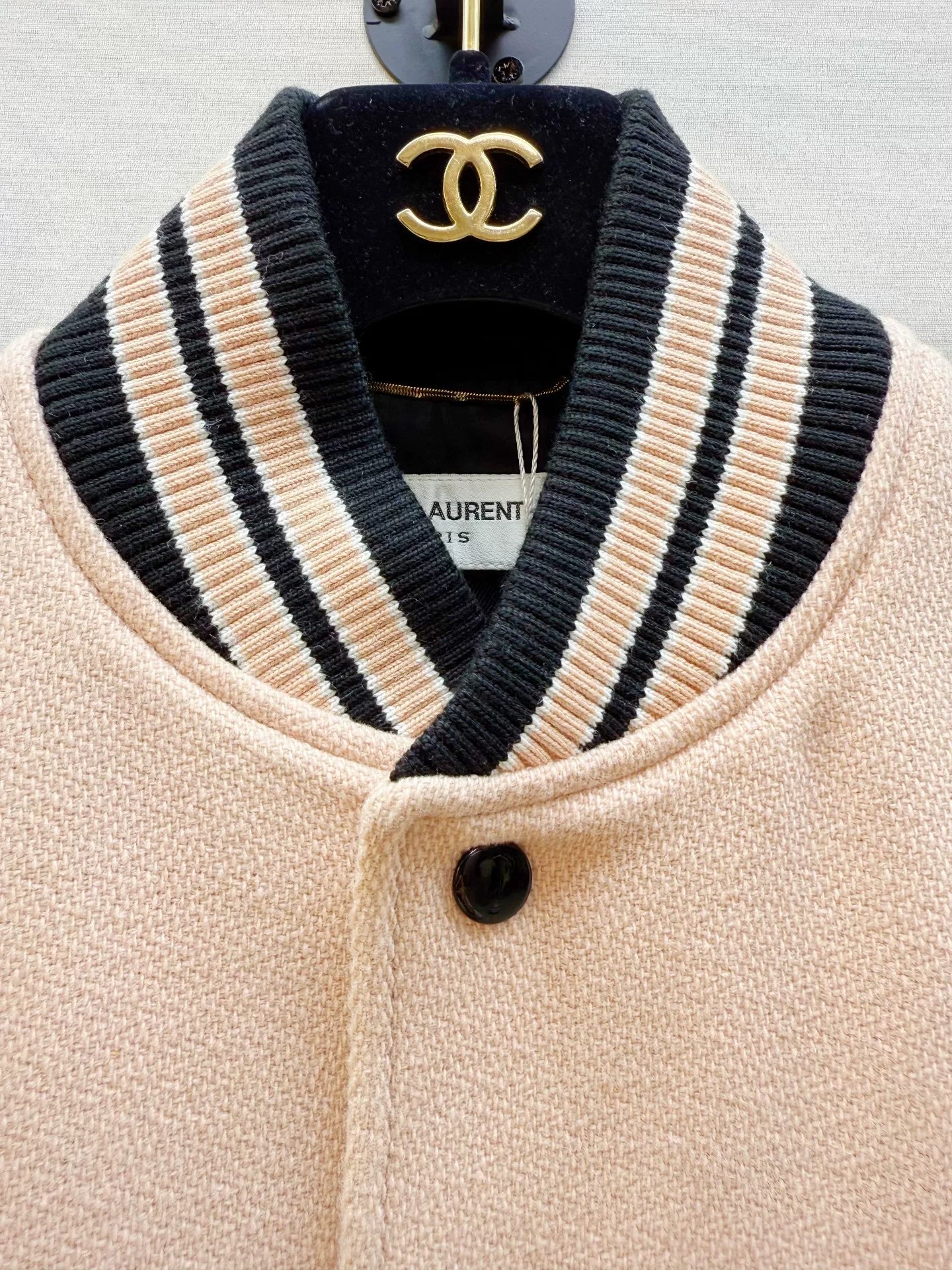 Saint Laurent Pink Leather Sleeve Baseball Jacket