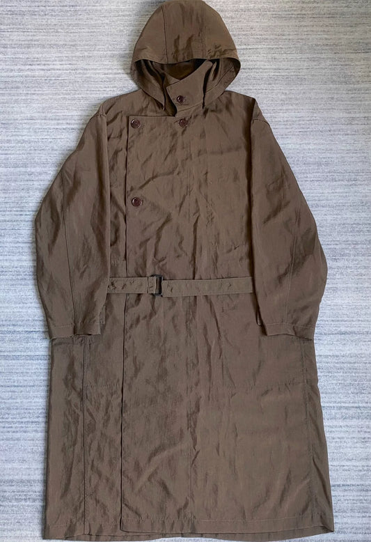 brown belted trench coat with military silhouette