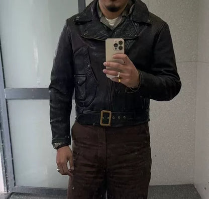 vintage brown leather biker jacket for winter
