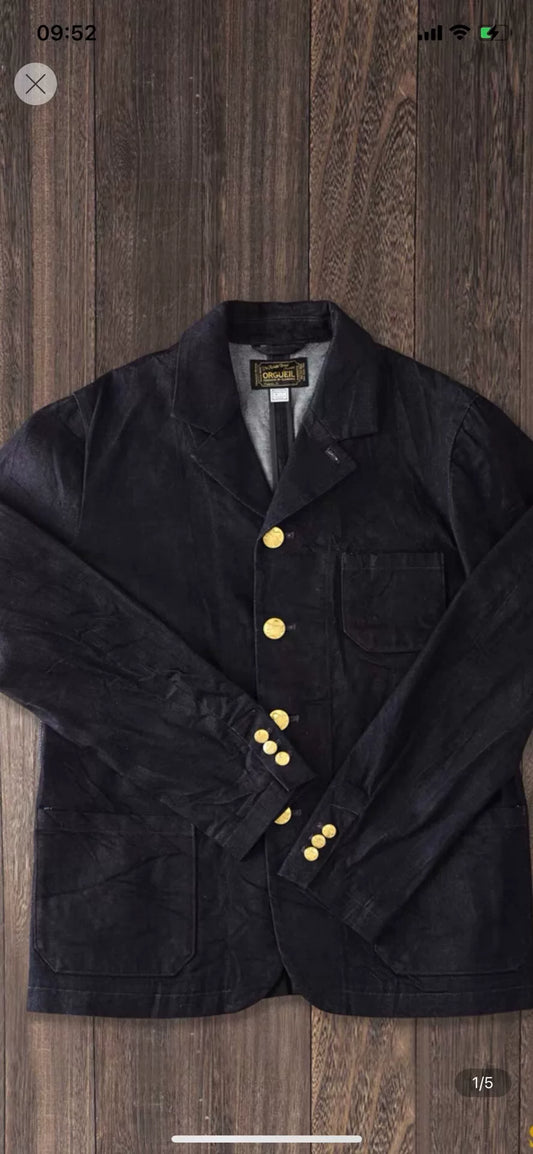 vintage denim blazer with gold buttons
