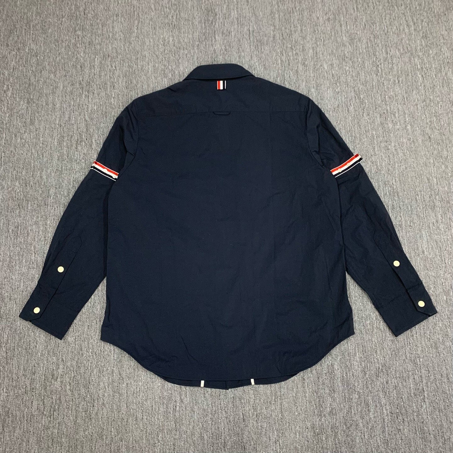 Thom Browne navy three-stripe nylon shirt jacket