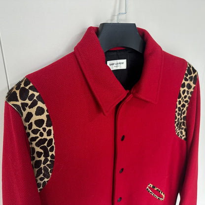 Saint Laurent Red Leopard Wool Varsity Jacket
