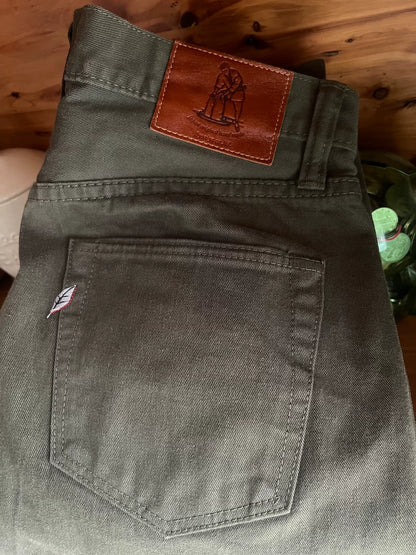 military green denim pants from Pure Blue Japan