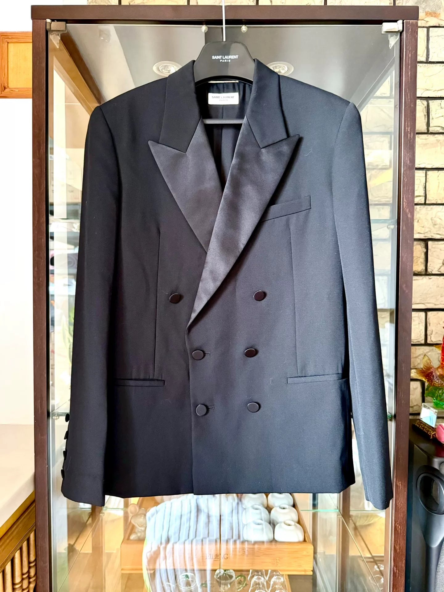 saint laurent black satin double-breasted blazer