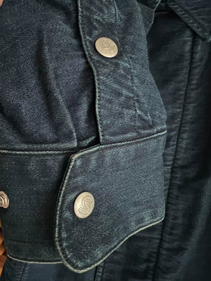 blue dyed motorcycle jacket with subtle vintage touch