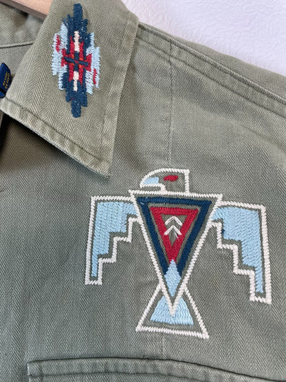 embroidered herringbone work shirt jacket