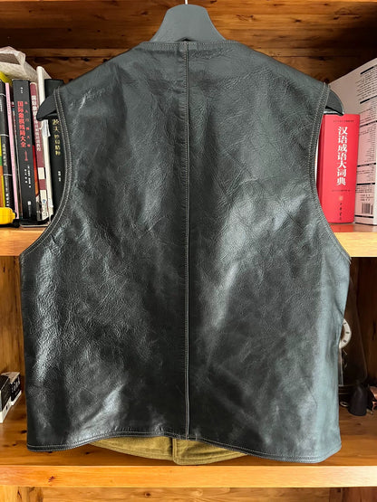 black leather vest with military green lining