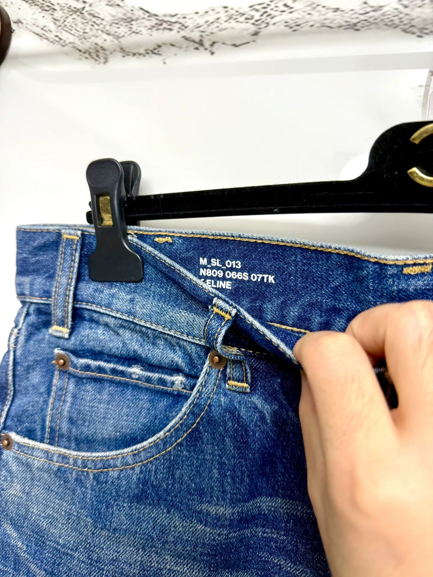 celine dark blue distressed denim pants