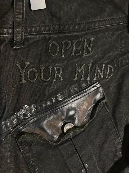 embroidered denim pants with patchwork details