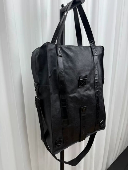 y's black leather tote bag for men