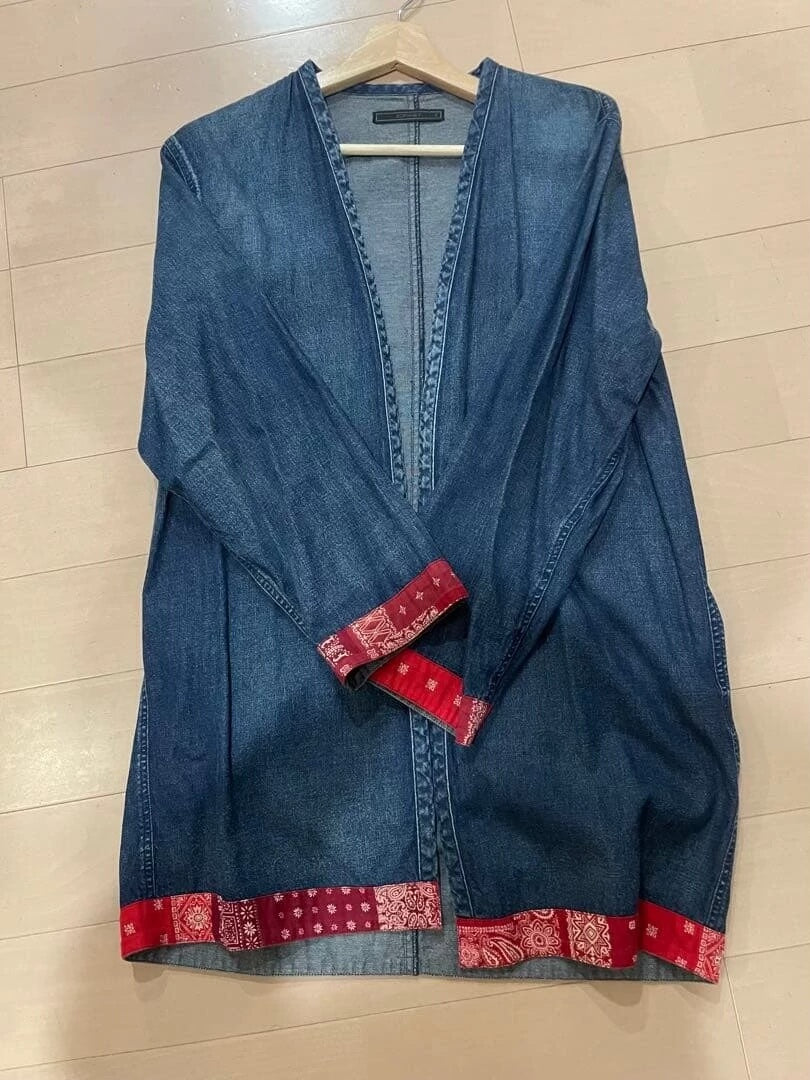 sophnet denim cardigan with red accents