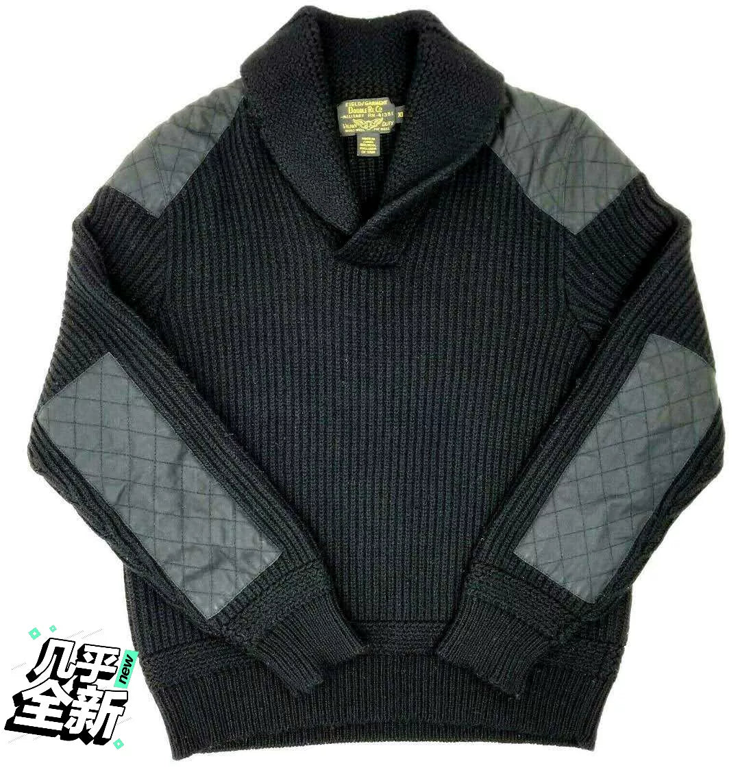 black chunky wool sweater with quilted patches