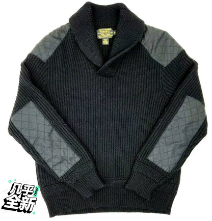 black chunky wool sweater with quilted patches