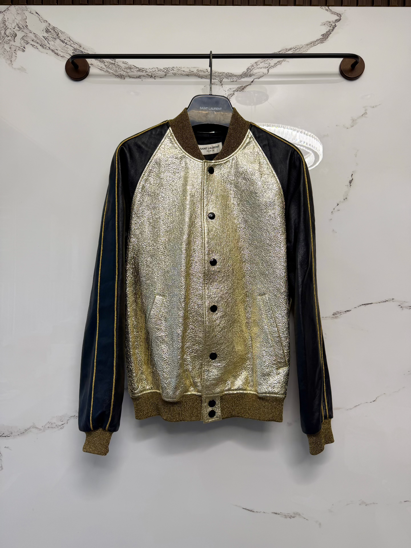 saint laurent gold and black baseball jacket