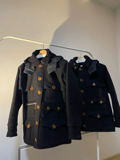 navy wool multi-pocket coat with detachable hood