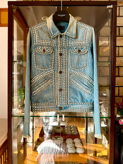 saint laurent light blue studded denim jacket