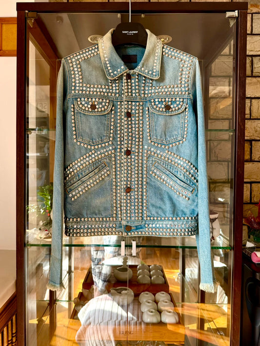 saint laurent light blue studded denim jacket