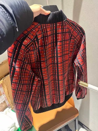 Saint Laurent Red Black Plaid Satin Jacket