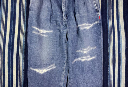 washed blue tapered denim pants for men