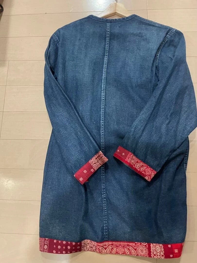 sophnet denim cardigan with red accents