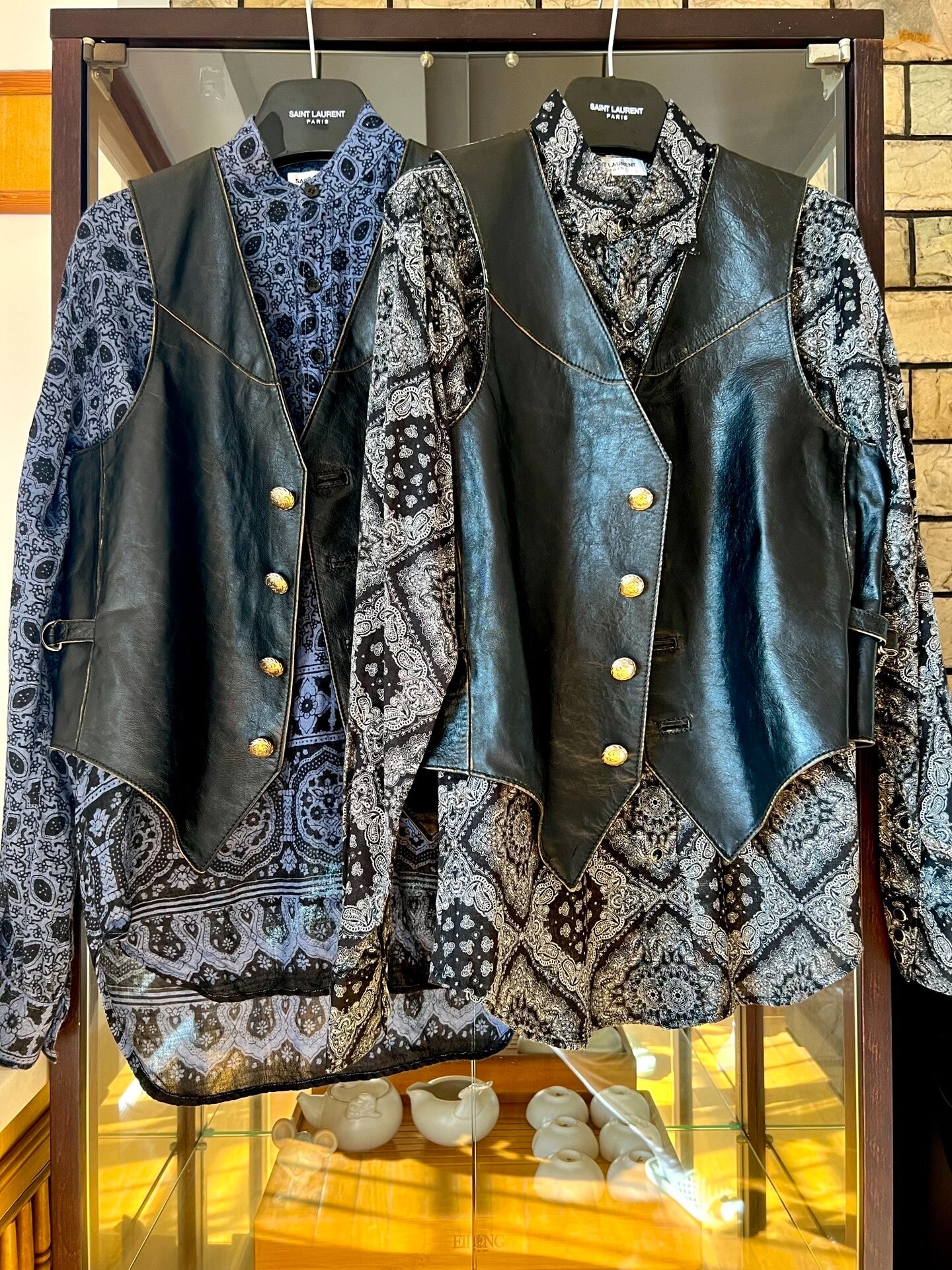 black distressed leather floral vest