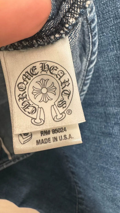 chrome hearts blue denim cross button-up shirt