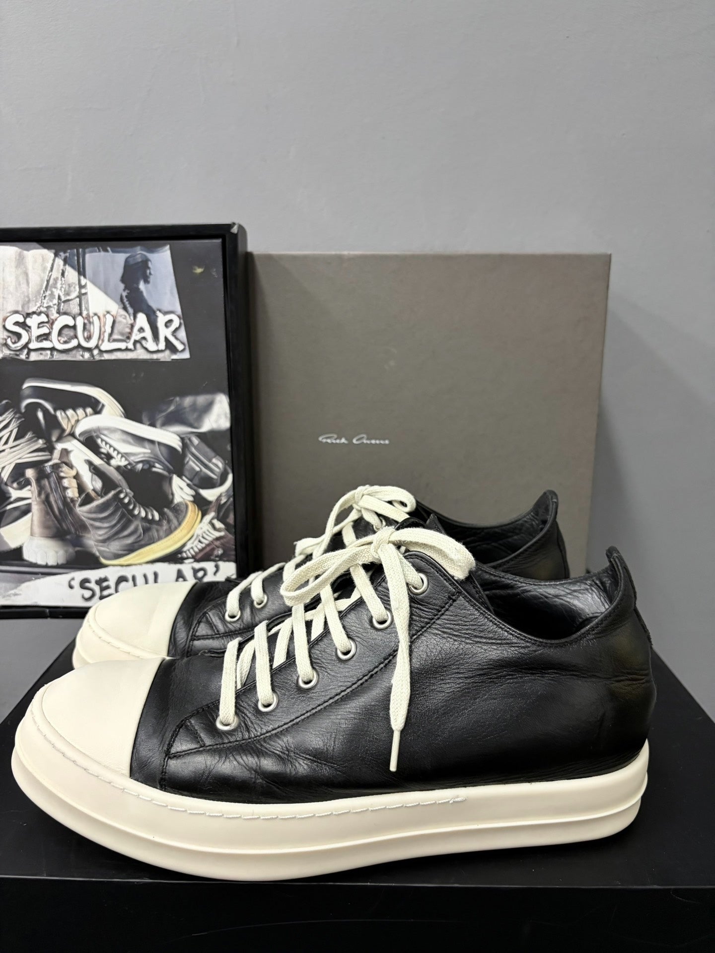 Rick Owens Leather Black White Low-Top Sneakers