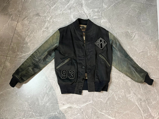 RRL Blue Dye Leather Sleeve Baseball Jacket