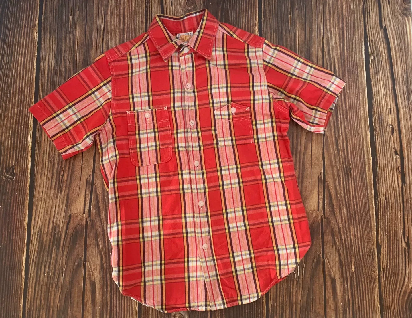 bright red plaid short sleeve shirt