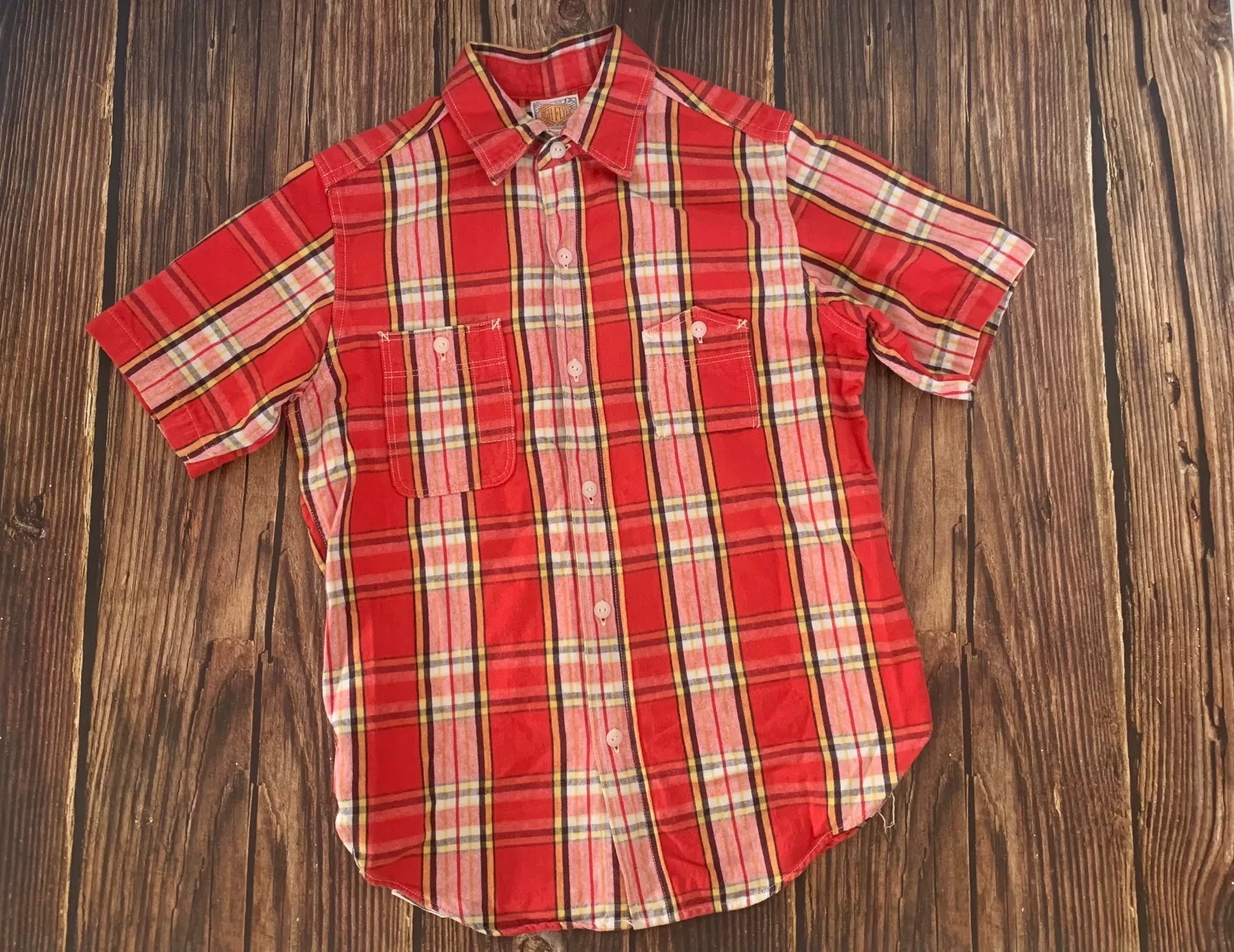bright red plaid short sleeve shirt