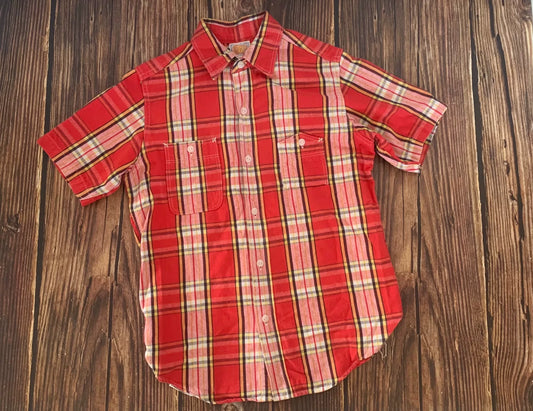 bright red plaid short sleeve shirt