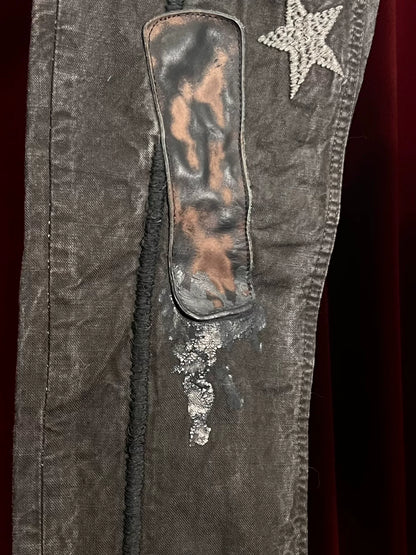 embroidered denim pants with patchwork details