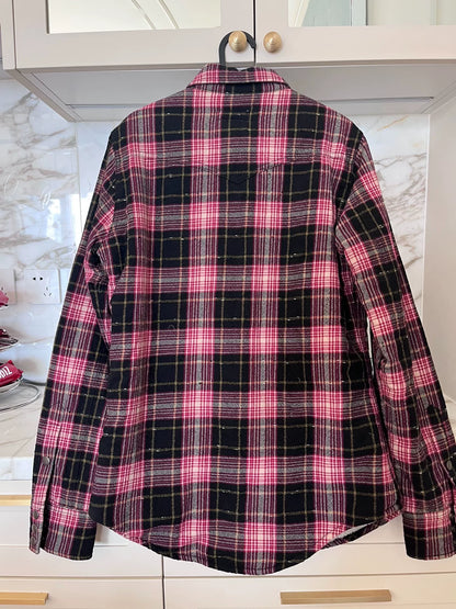 Saint Laurent Red/Black Plaid Shearling Shirt Jacket