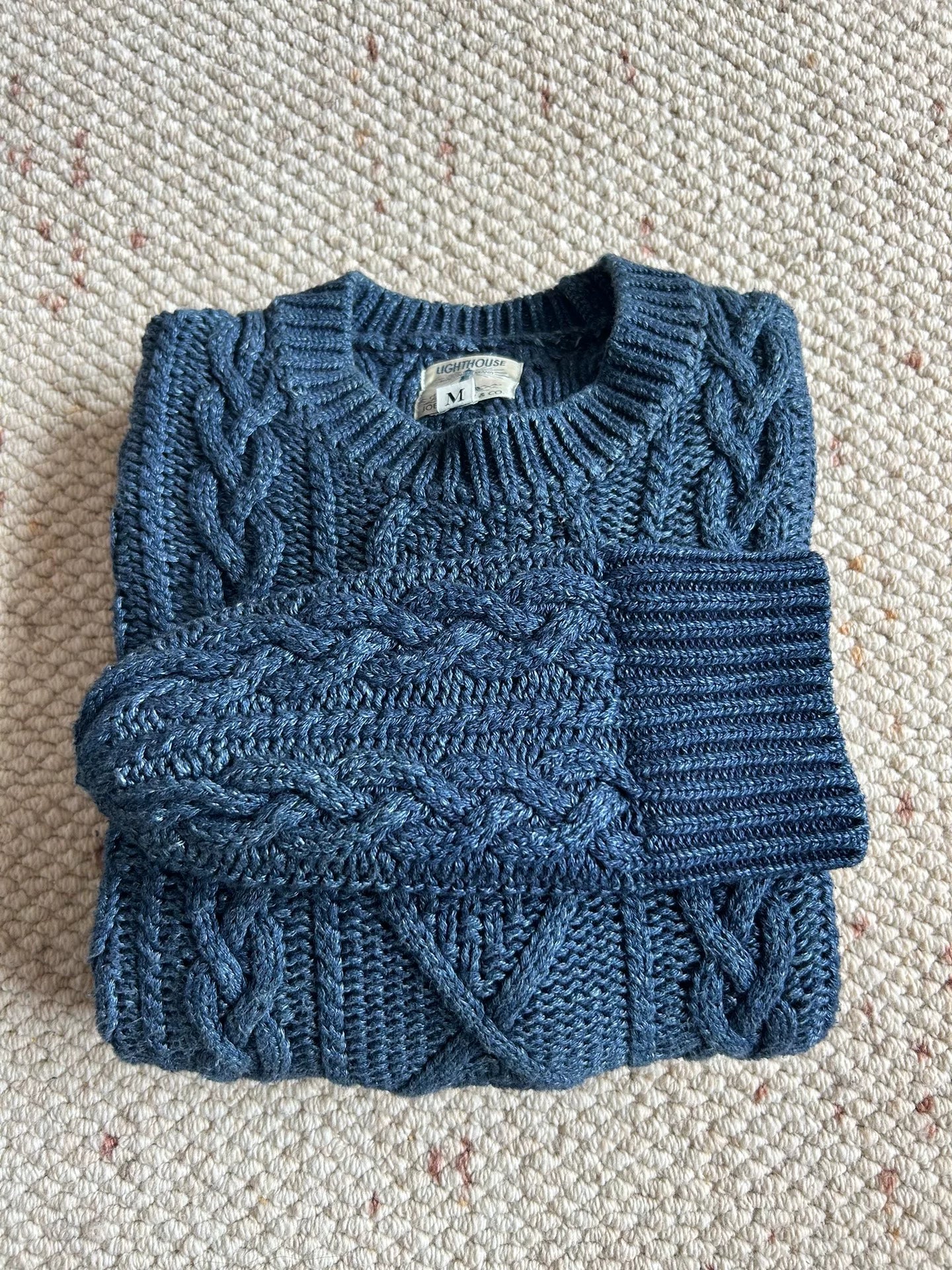indigo aran crewneck sweater and hat set