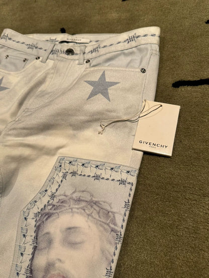 givenchy paris jesus print denim pants